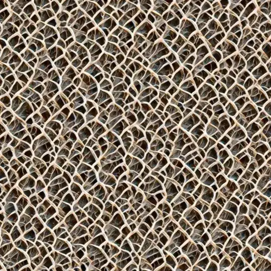 Version of the provided texture recreated and extended by a learned Neural Cellular Automata (NCA) model. That original texture resembles sun-bleached tree roots, thickly interwined and laced together with cobwebs tightly strung between many of them. This reproduction lacks some high quality details such as small twigs in the cobwebs, but overall faithfully reproduces arcs and twists of the original branches.