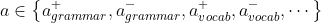 a \in \left \{ a_{grammar}^{+}, a_{grammar}^{-},a_{vocab}^{+},a_{vocab}^{-}, \cdots \right \}