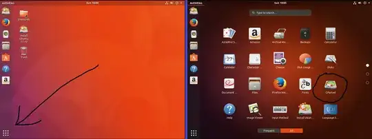 Two screenshots of GNOME 3 with the GNOME Shell in an Ubuntu 17.10 live environment, contributed by Videonauth, placed side by side, with hand-drawn markings added to show where the button is for the *applications panel*, as well as what the GParted icon looks like in the applications panel. Note that this icon is labeled GParted, so it is not necessary to recognize it by the appearance of the icon.