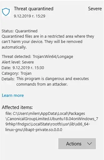 "Threat quarantined" report for "libapt-private.so.0.0.0"