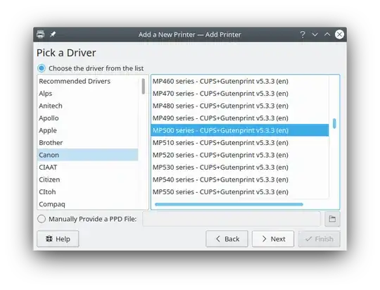 Add a New Printer - driver selection (Kubuntu 20.10)