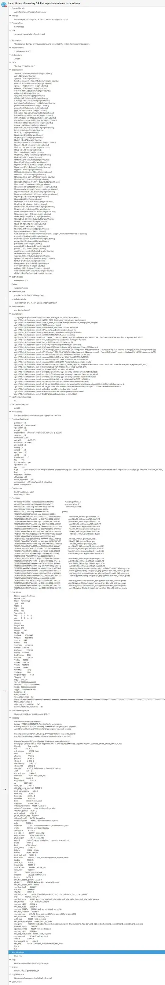 Elementary  has experienced an internal error