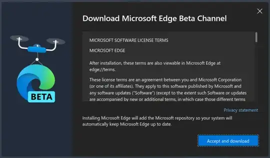 Screenshot of a portion of https://www.microsoftedgeinsider.com/en-us/download/ after clicking on Download under the Beta Channel