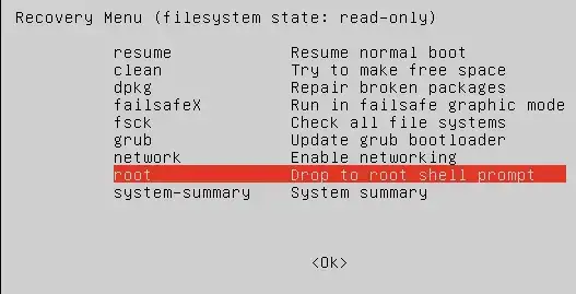 recovery menu with <code>root</code> entry selected