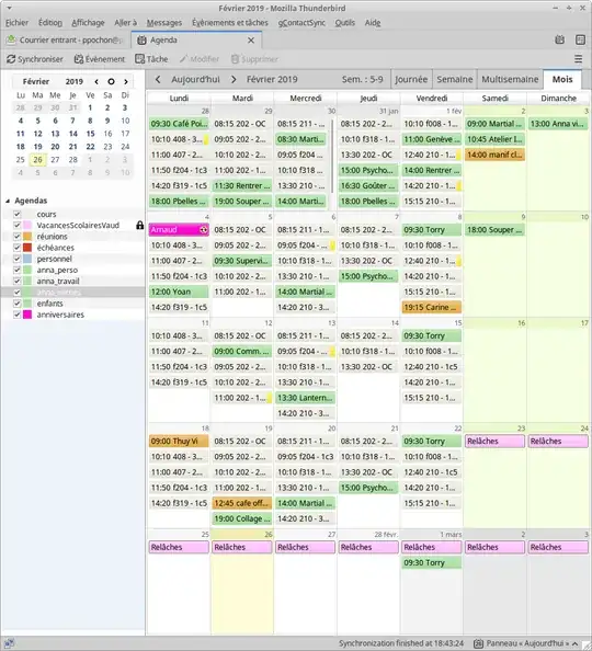screenshot of the add-on running in thunderbird showing the user's calendar