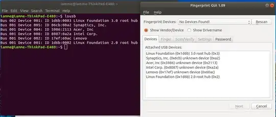 Screenshot showing lsusb and Fingerprint GUI output