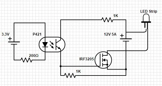 Schematic of the circuit including a optocoupler, MOSFET and LED strip