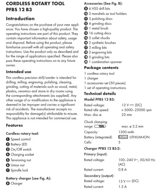 excerpt from tool manual showing the charder specs
