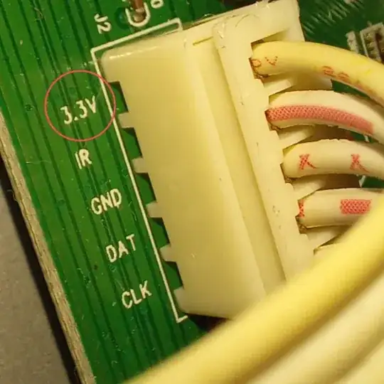 Close up on connection to main PCB showing 3.3v