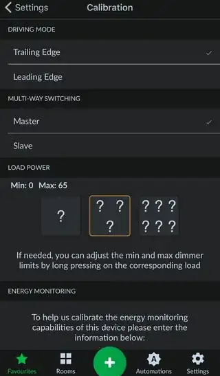 LightwaveRF Calibration Screen