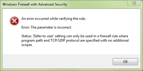 Picture of windows firewall error message reporting wrong parameter