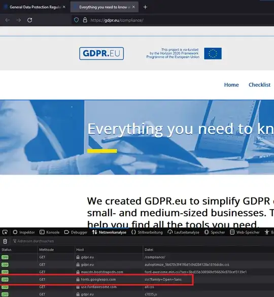Screenshot of a web page on gdpr.eu in the Firefox browser. The opened network analysis tab shows a GET request to fonts.googleapis.com