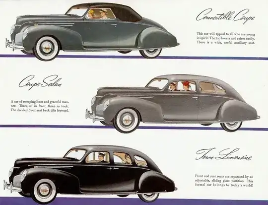Advertisement showing 1939 Lincoln-Zephyr V-12 body styles