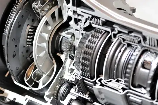 Interior of a manual transmission showing the clutch (far left)