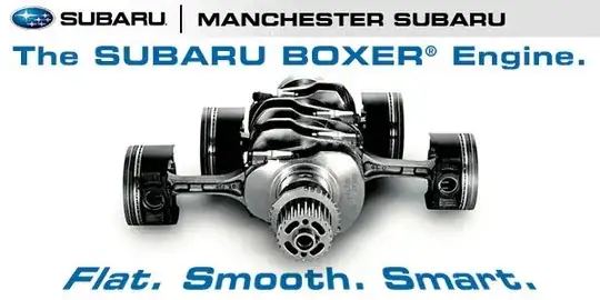 A close-up of the crankshaft and pistons of a standard Subaru flat-4.