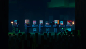 Eight villagers lost in a dark forest.webp: Infobox image for The Monster in the Woods the video in Minecraft