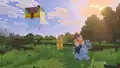 Ari riding a horse while leashing a camel and a happy ghast.