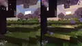 A comparison of Fancy graphics (on the left) and Vibrant Visuals (on the right), in a cherry grove biome. The 2 screenshots are taken at different angles and different positions. Also, the render distance is set to a low value.