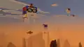 Happy ghasts flying with mountain peaks in the distance.