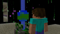 Steve near a mine crafter from behind.
