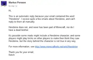 Notch's automatic reply to any email containing the word "Herobrine."