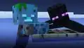 An enderman and drowned embrace on a floating door in the middle of the ocean, parodying a shot from the film Titanic.