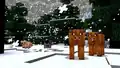 The cold variants of the chicken, cow, and pig in the snow.