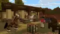 A screenshot of a player placing 3 leather and 1 iron ingot on a crafting table in front of a stable with horses