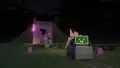 Hostile mobs following the duo out of the building.