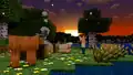 Ari, along with a cold chicken, cold pig and a cold cow, are surrounded by fireflies at dusk.