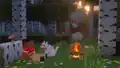 Zuri resting by a campfire in a forest at sunset.