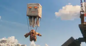 The New Hog, hanging from chains connected to a ghast, growls from a distance.