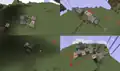 Fundamental logic gates, implemented purely with pistons and redstone repeaters, clockwise from upper left: AND, OR, XOR, and NOT.