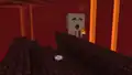 A POV screenshot of a ghast shooting a fireball at the player. There is a music disc on the ground.