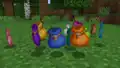Several dyed bundles on the ground.