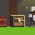 Pixel artwork of a chest in between iron armor on an armor stand and a decorated pot.