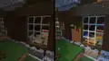 A similar comparison of the Fancy graphics and Vibrant Visuals, outside a woodland mansion, looking into the right window of "Triple bed bedroom", with a potted azure bluet.