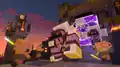 Three pigmadillos enter the Overworld through a portal with three piglins alongside them.