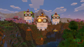 A trio of happy ghasts ridden by Efe, Makena, and Kai, with mobs in boats underneath.
