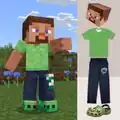 Steve wearing various character creator items themed after official merchandise.