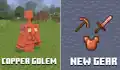 An side-by-side image featuring a copper golem and copper armor, a copper pickaxe, and a copper sword.