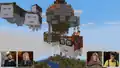 Agnes, Felix, and Snifferish riding a happy ghast wearing a red harness, and happy ghasts wearing green, blue, and lime harnesses