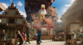 A wandering trader walking past Steve's Lava Chicken.