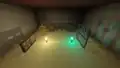 The same torch and soul torch with point lights on. Each torch emits colored light on its side of the room, and the colored light can be faintly seen combining into green light in the middle.