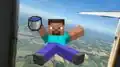 Steve jumping out of an airplane with a water bucket.