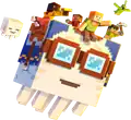 Key art of four characters riding a happy ghast.