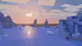 A frozen ocean at sunset, with 3 polar bears and a snow fox, while Zuri does some ice fishing. Minor visual glitches can be seen on the icebergs.