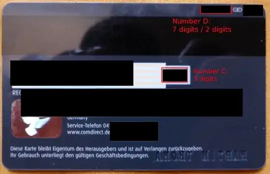 Back of the card. Number C: 3 digits in the center of the card. Number D: 7 digits / 2 digits at the top right of the card.