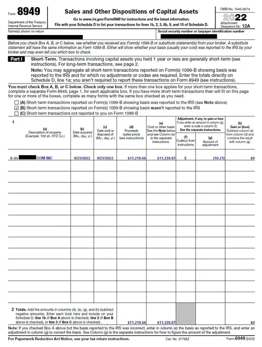 Form 8949 covering an RSU sale event at vesting
