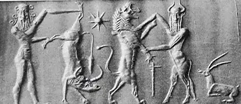 Akkadian Cylinder Seal (c. 2200 B.C. showing Gilgamesh slaying the bull of heaven, with Enkidu? Also from Dury; both in British Museum.